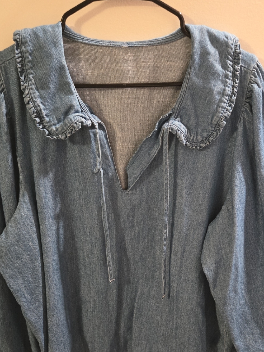 Old Navy Light Blue Denim Peasant Tunic with Ruffle Collar